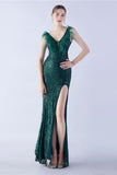 Robe de soirée perlée à col en V à col en V lilas avec plume