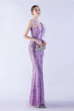 Robe de soirée perlée à col en V à col en V lilas avec plume
