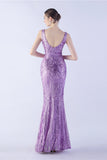 Robe de soirée perlée à col en V à col en V lilas avec plume