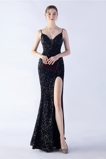 Glitter sirène bretelles spaghetti perlé symphonie noire robe formelle avec fente latérale