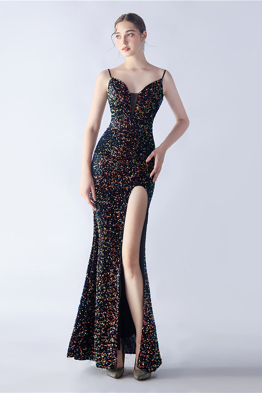 Glitter sirène bretelles spaghetti perlé symphonie noire robe formelle avec fente latérale
