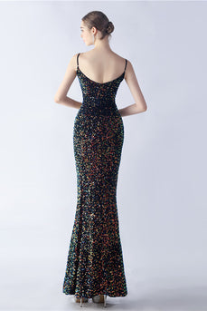Glitter sirène bretelles spaghetti perlé symphonie noire robe formelle avec fente latérale