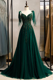A-ligne Spaghetti Bretelles Robe de Soirée vert foncé avec perles