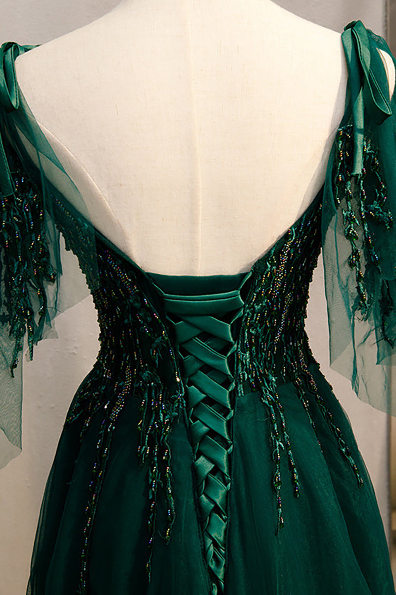 Charger l&#39;image dans la galerie, A-ligne Spaghetti Bretelles Robe de Soirée vert foncé avec perles