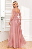 Robe de soirée trapèze Dusty Rose à manches longues