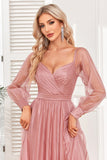 Robe de soirée trapèze Dusty Rose à manches longues