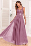 Robe de Soirée bleue trapèze à col en V