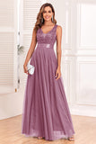 Robe de Soirée bleue trapèze à col en V