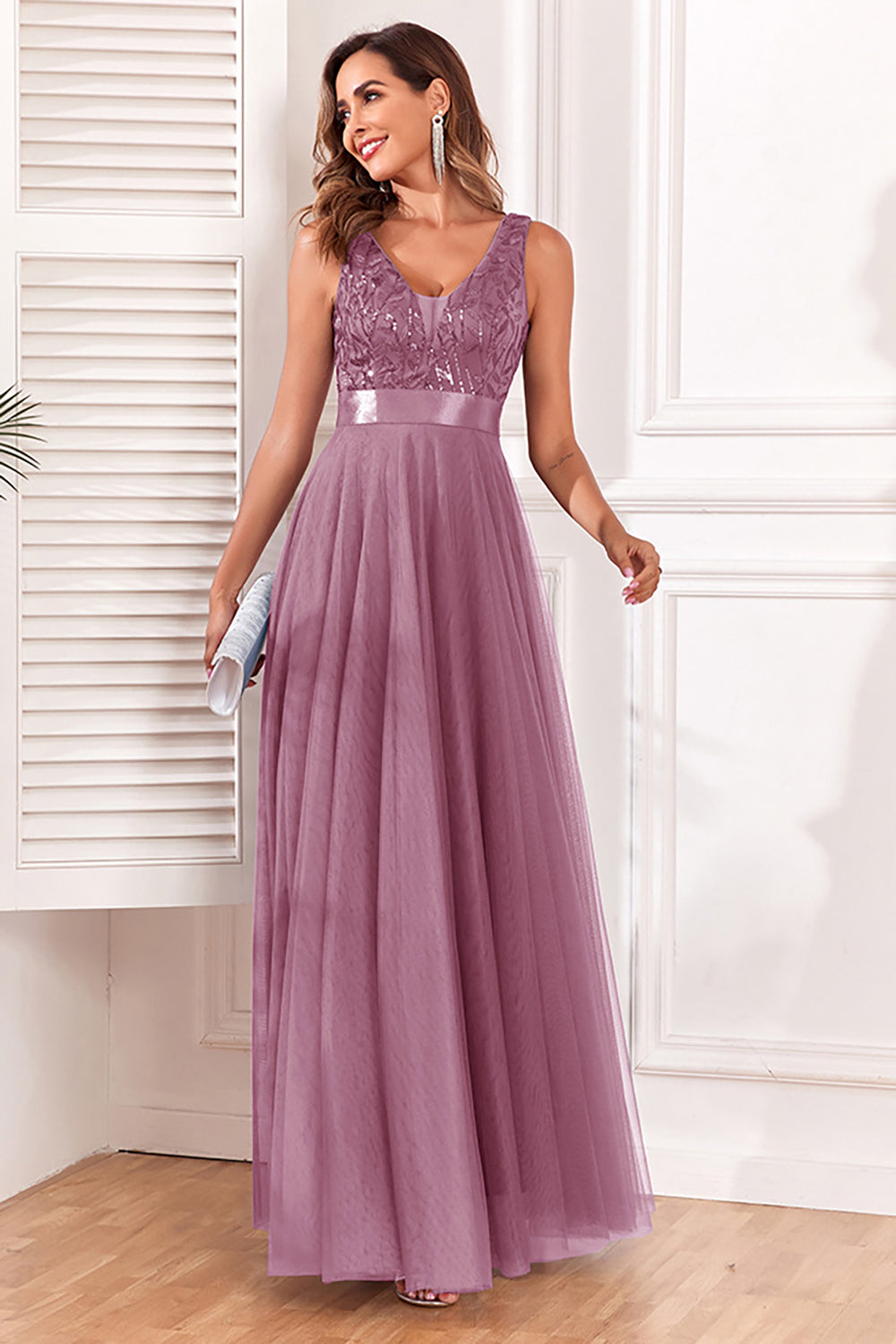 Robe de Soirée bleue trapèze à col en V