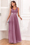 Robe de Soirée bleue trapèze à col en V