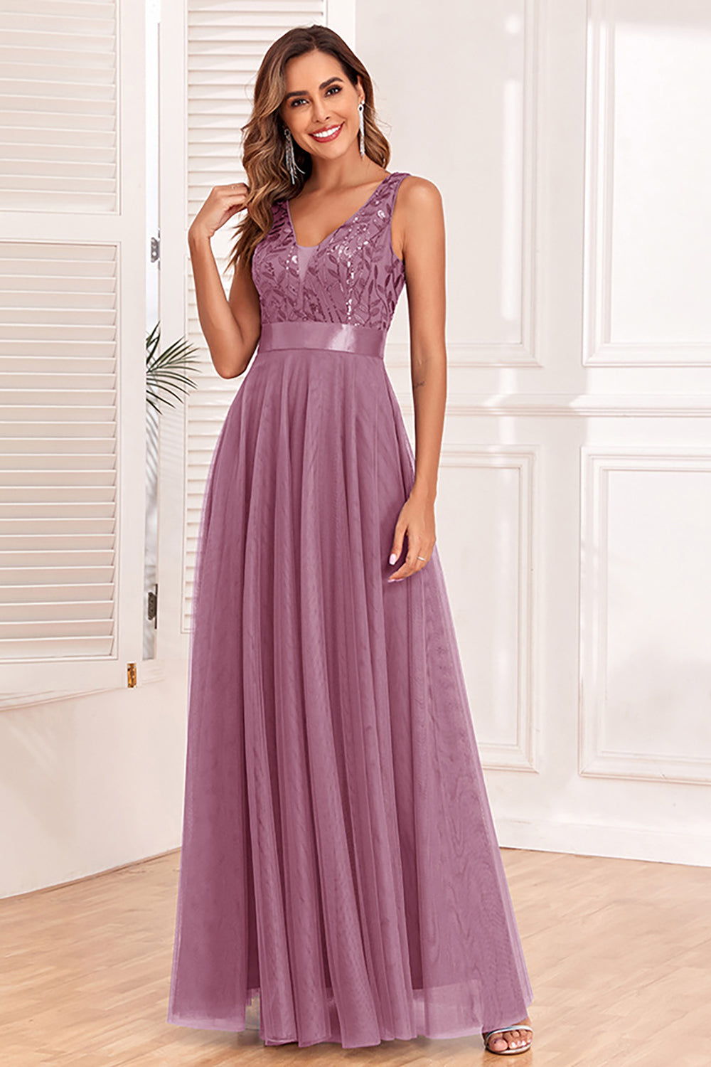 Robe de Soirée bleue trapèze à col en V