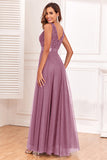 Robe de Soirée bleue trapèze à col en V