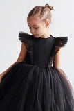 Robe de fille d’honneur en tulle sans manches à col rond blanc une ligne