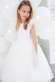 Robe de fille d’honneur en tulle sans manches à col rond blanc une ligne