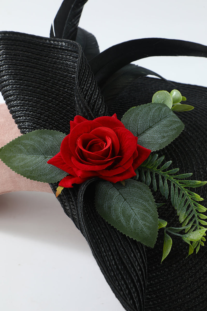 Charger l&#39;image dans la galerie, Chapeau noir style années 20 avec fleur