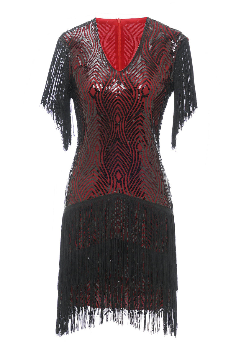 Charger l&#39;image dans la galerie, Noir Rouge V Neck 1920s Robe de fête