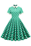 Robe vintage Green White Dot à manches courtes