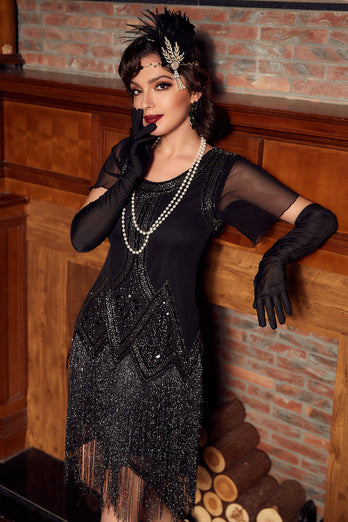 Luxueuse robe à franges perlées à paillettes des années 20