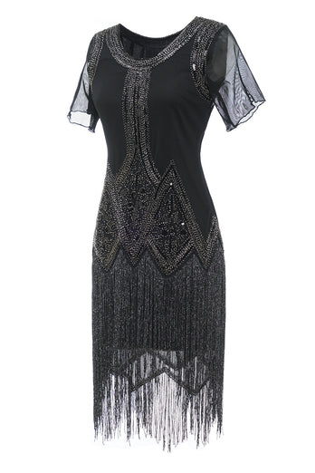 Luxueuse robe à franges perlées à paillettes des années 1920