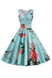 Bleu Clair V Col 1950s Vintage Robe