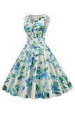 Bleu Clair V Col 1950s Vintage Robe