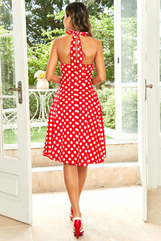 Hepburn Style Halter Neck Red Button Polka Dots 1950s Robe
