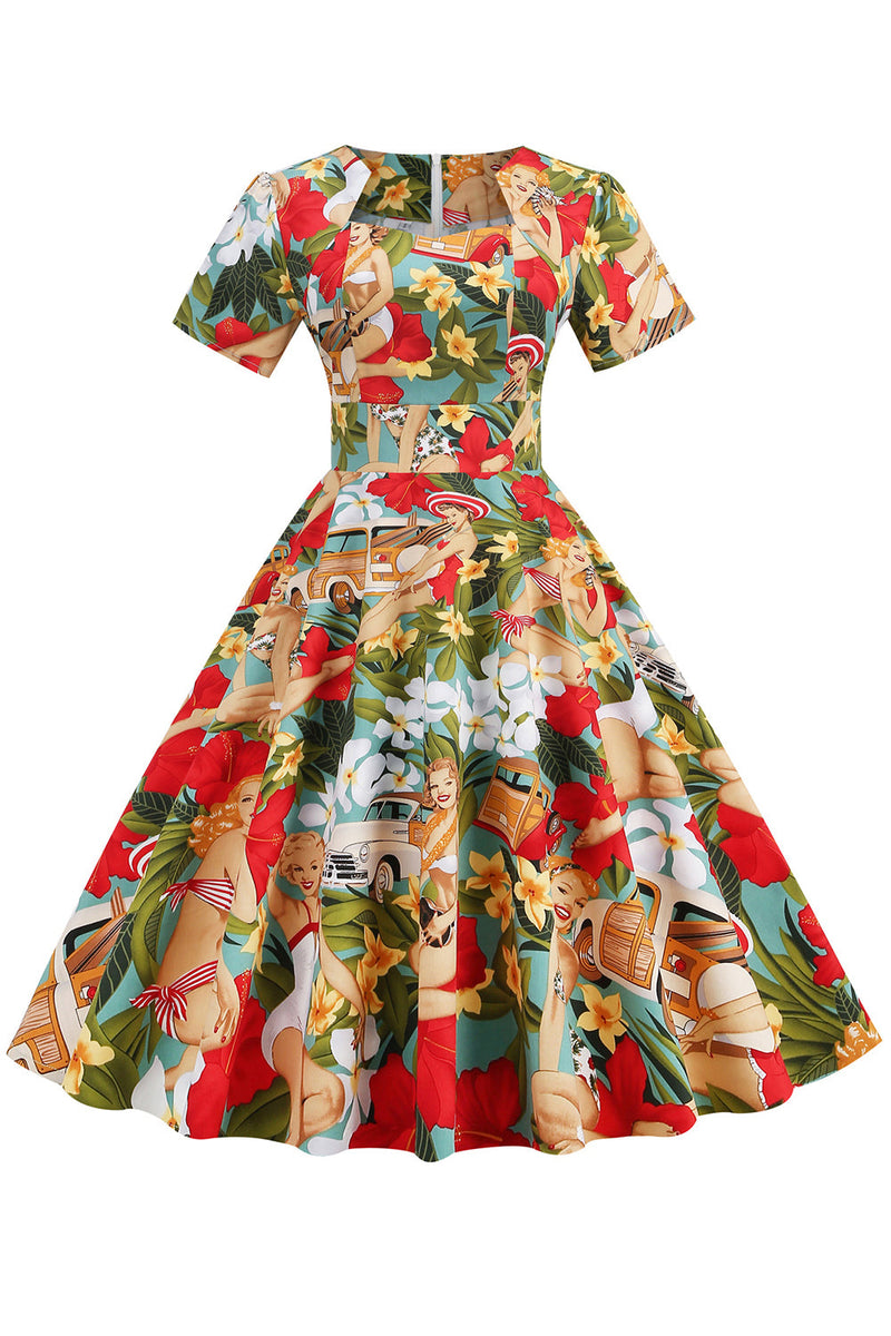 Charger l&#39;image dans la galerie, Robe Vintage Florale Jaune et Verte des années 1950 avec Manches