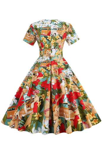Robe Vintage Florale Jaune et Verte des années 1950 avec Manches