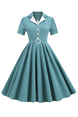 Vintage V Neck Blue Plaid Robe des années 1950