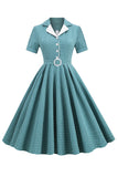 Vintage V Neck Blue Plaid Robe des années 1950