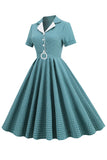 Vintage V Neck Blue Plaid Robe des années 1950
