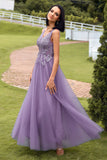 Une ligne V Col Violet Longue Robe de Bal avec Appliques