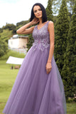 Une ligne V Col Violet Longue Robe de Bal avec Appliques