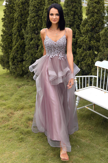 Une ligne Spaghetti Straps Purple Grey Long Prom Dress avec appliques