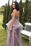 Une ligne Spaghetti Straps Purple Grey Long Prom Dress avec appliques