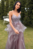 Une ligne Spaghetti Straps Purple Grey Long Prom Dress avec appliques