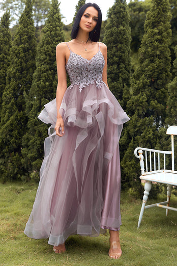 Une ligne Spaghetti Straps Purple Grey Long Prom Dress avec appliques