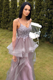 Une ligne Spaghetti Straps Purple Grey Long Prom Dress avec appliques