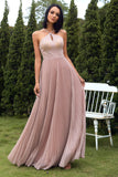 Blush Halter Robe de bal étincelante avec volants