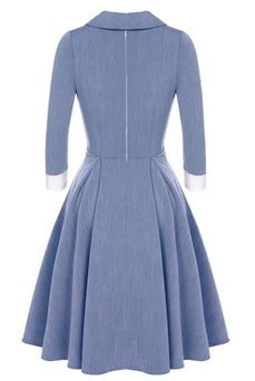 Robe swing gris bleu des années 1950 à manches longues