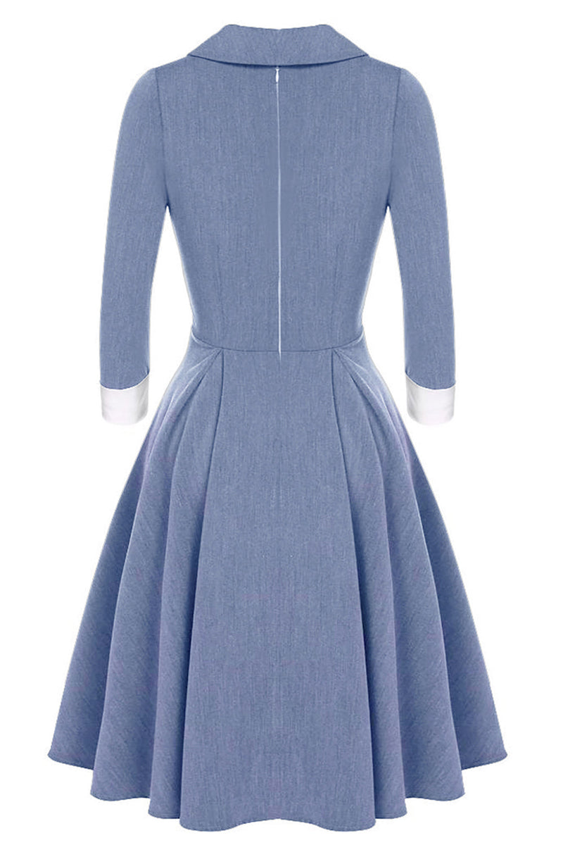 Charger l&#39;image dans la galerie, Robe swing gris bleu des années 1950 à manches longues