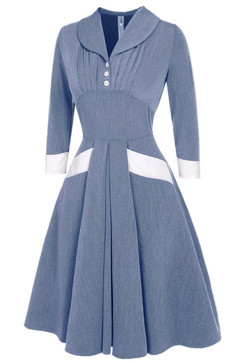 Robe swing gris bleu des années 1950 à manches longues