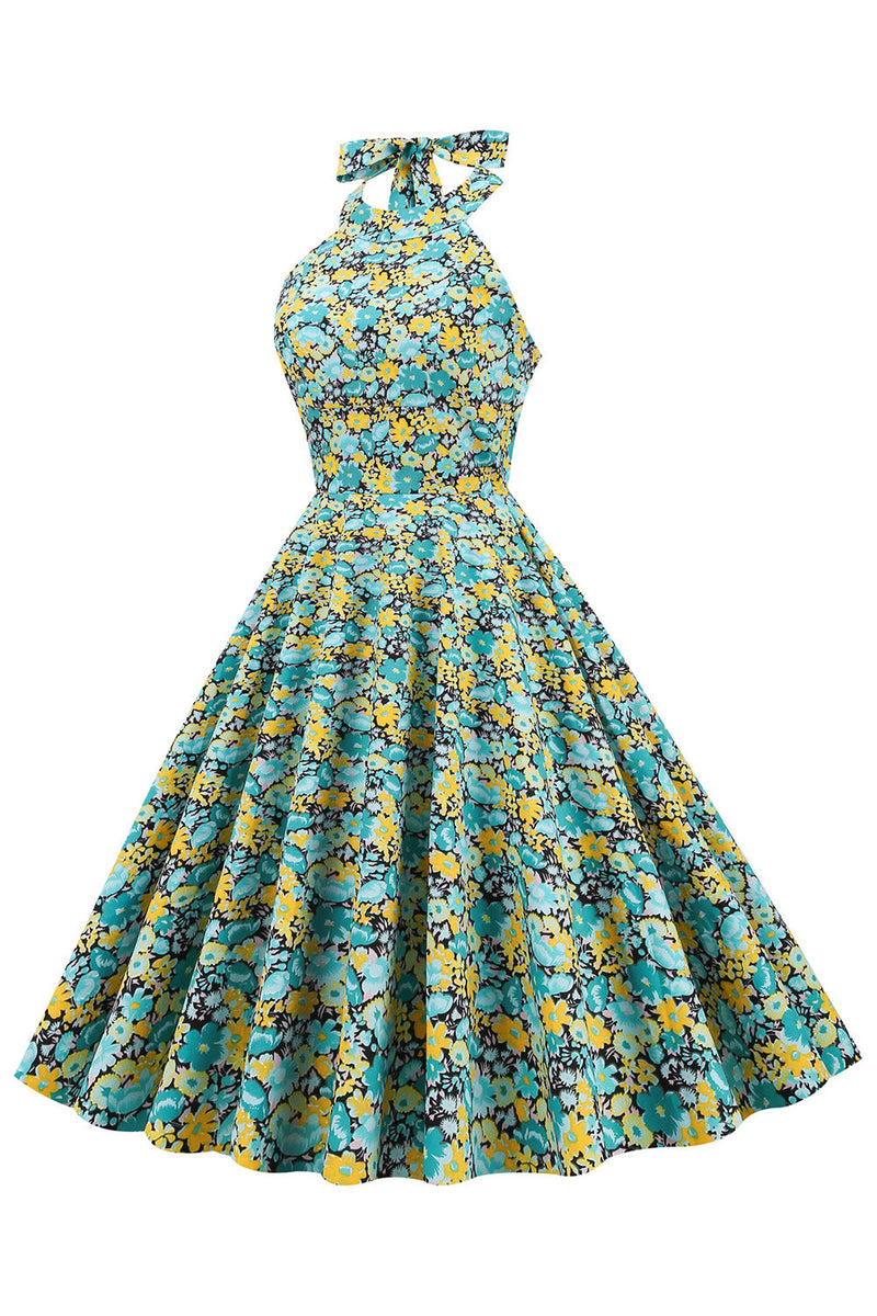 Charger l&#39;image dans la galerie, Blue Yellow Flower Halter Pin Up Robe