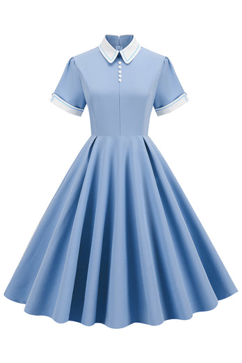 Robe vintage bleu clair des années 50 avec manches