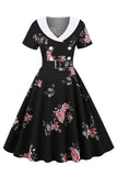 Robe Vintage Imprimée Florale Noire Avec Ceinture