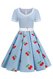Robe Vintage Imprimée Cerise Bleue années 50