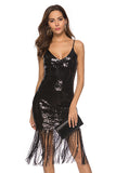 Noir Paillettes Spaghetti Straps Fringe Robe de cocktail