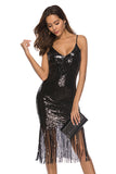 Noir Paillettes Spaghetti Straps Fringe Robe de cocktail