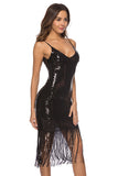 Noir Paillettes Spaghetti Straps Fringe Robe de cocktail