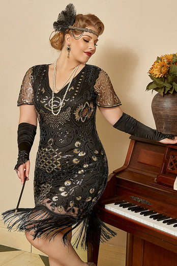 Noir Golden Perles Sequins 1920s Plus Size Robe